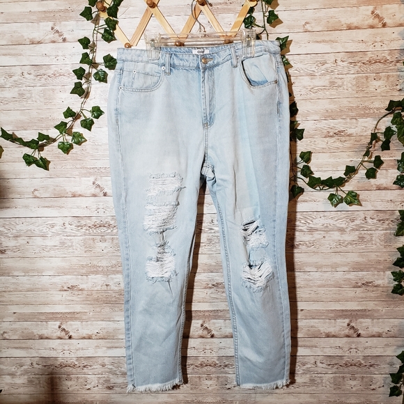 OAT New York High Rise Miami Light Wash Denim Jeans Boyfriend Raw Hem New NWT - Picture 2 of 10